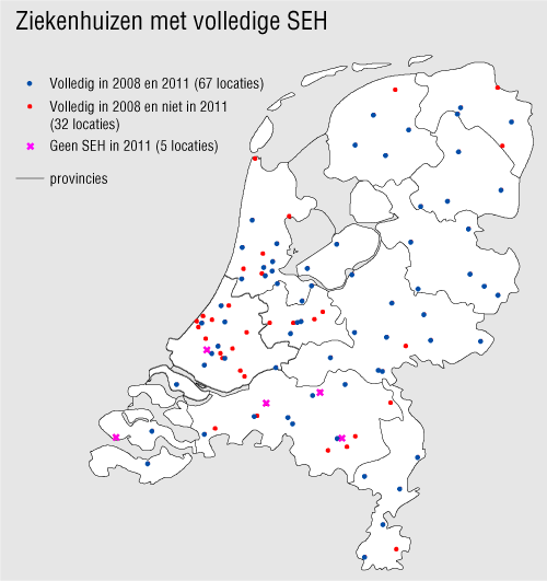 Kaart 1: Aantal SEH s in 2011 in vergelijking met 2008: er zijn 67 volledige SEH s, 32 onvolledige SEH s, die