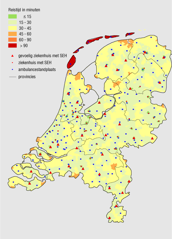 Kaart 3: Bereikbaarheid van de 67 volledige SEH s in 2011 en de locaties van