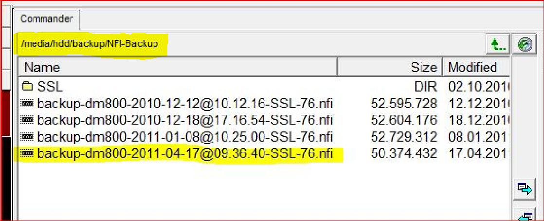 Terug plaatsen (Volledige (1:1) Backup E2- Dreambox ): 1. Kopieer, via een FTP programma (b.v. D.C.C.), het bestand 'backupxxxxx.nfi (=NFI-image), staat in /media/hdd/backup/nfibackup/) PC. 2.
