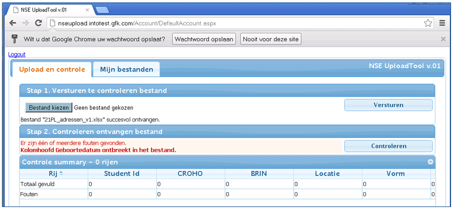 Uploaden van studentgegevens stap 2 (controle op de vorm) Wanneer een veld (kolomhoofd) een afwijkende naam heeft of ontbreekt, ontvangt u daarover een melding.