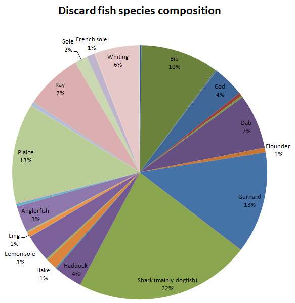 De soortensamenstelling (op basis van gewichtpercentages) van de teruggegooide fractie varieert tussen reizen en van vangst tot vangst (resultaten niet getoond).