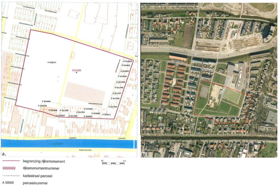 Afb. 1.2 a. De begrenzing van het rijksmonument Archeologiepark op de kadastrale kaart; b. een luchtfoto van het Archeologiepark (bron: Google Maps).
