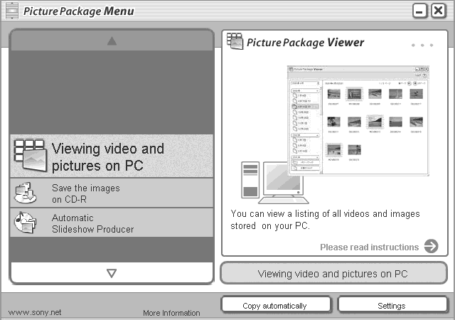 "Picture Package" gebruiken Start "Picture Package Menu" op het bureaublad om de verschillende functies te kunnen gebruiken. Het venster dat verschijnt, is mogelijk per computer verschillend.