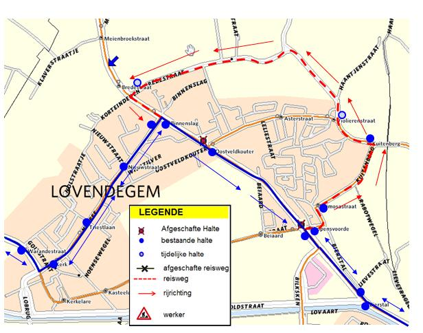 halte tijdelijk niet bediend onze excuses voor het ongemak 65 67 Periode: Van 9 mei 2013 tot nader bericht Plaats: N9 Lovendegem Werken N9 De reizigers worden verwezen naar de halte Binnenslag, de