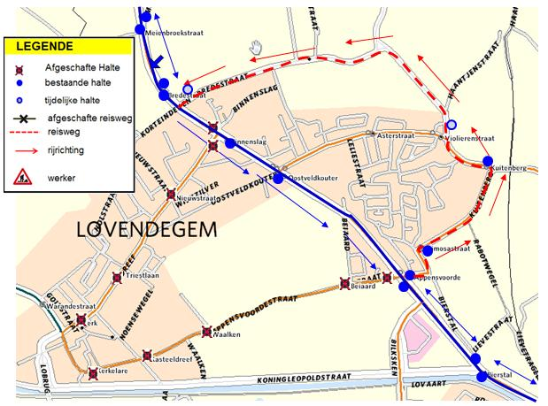 halte tijdelijk niet bediend onze excuses voor het ongemak 69 (Varianten Lovendegem Kerk) Periode: Van 9 mei 2013 tot nader bericht Plaats: N9 Lovendegem Werken N9 De reizigers worden verwezen naar