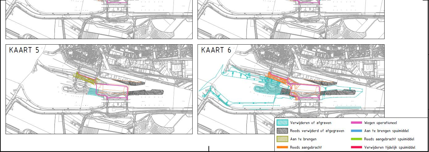 Allereerst wordt het binnenhoofd geplaatst en vervolgens het buitenhoofd. a. Met deze stap blijft de waterkering intact gedurende de aanlegfase. b. Na het testen van de deuren en het aansluiten van de waterkering kan het buitenhoofd van de Middensluis gesloopt worden.