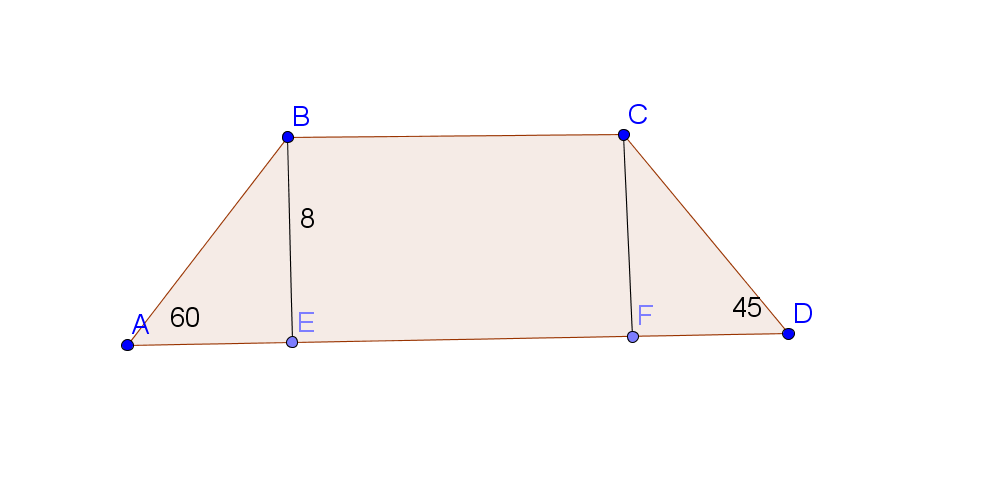 Hoofdstuk 4 Meetkunde (V4 Wis B) Pagina 8 van 8 Gegeven is trapezium ABCD met loodlijnen BE en CF op AB. Gegeven is ook dat BE = 8 en A = 60 en D = 45 a.
