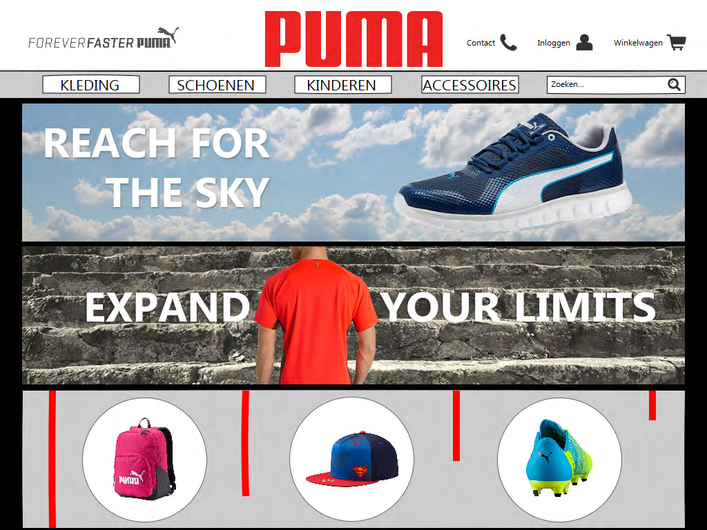 Voor deze opdracht heb ik het merk Puma gekozen. Op basis van de hoofdkleuren van de website van Puma ben ik aan de slag gegaan. In alle ontwerpen heb ik het lettertype Ebrima gebruikt.