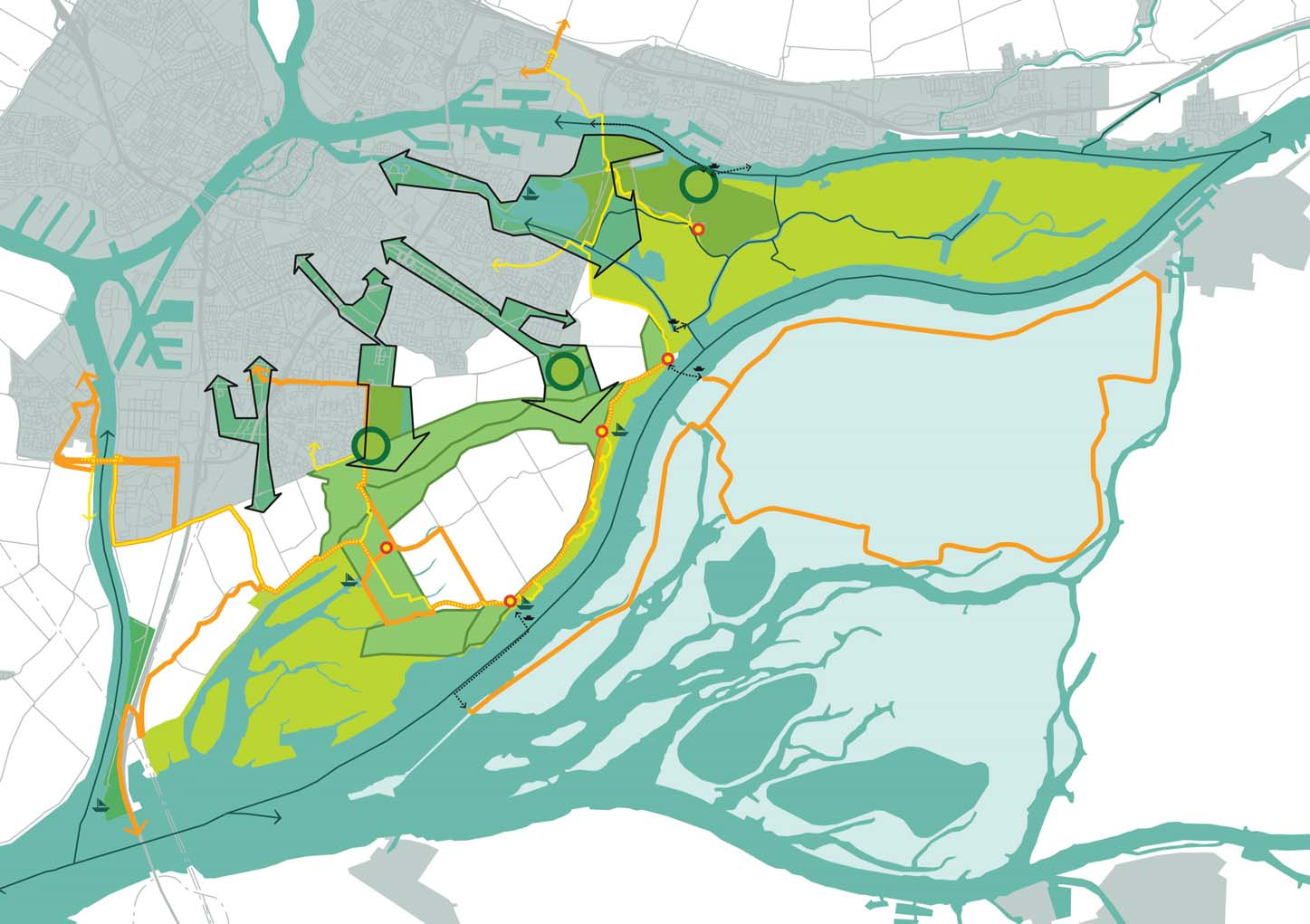 Recreatiegebieden en -transferia Groene verbindingen tussen stad en land De structuurvisie voor Dordrecht benoemt een aantal groene verbindingen naar het buitengebied.