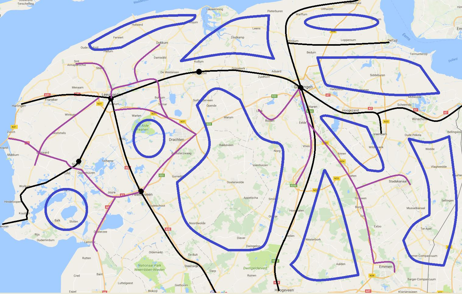 Figuur 3: Schetsmatige kaart Noord Nederland met OV lijnen en zones Afhankelijk van de wegenstructuur en het regionale vervoerpatroon kunnen hubs van type 1 aanvullend verbindingen faciliteren naar