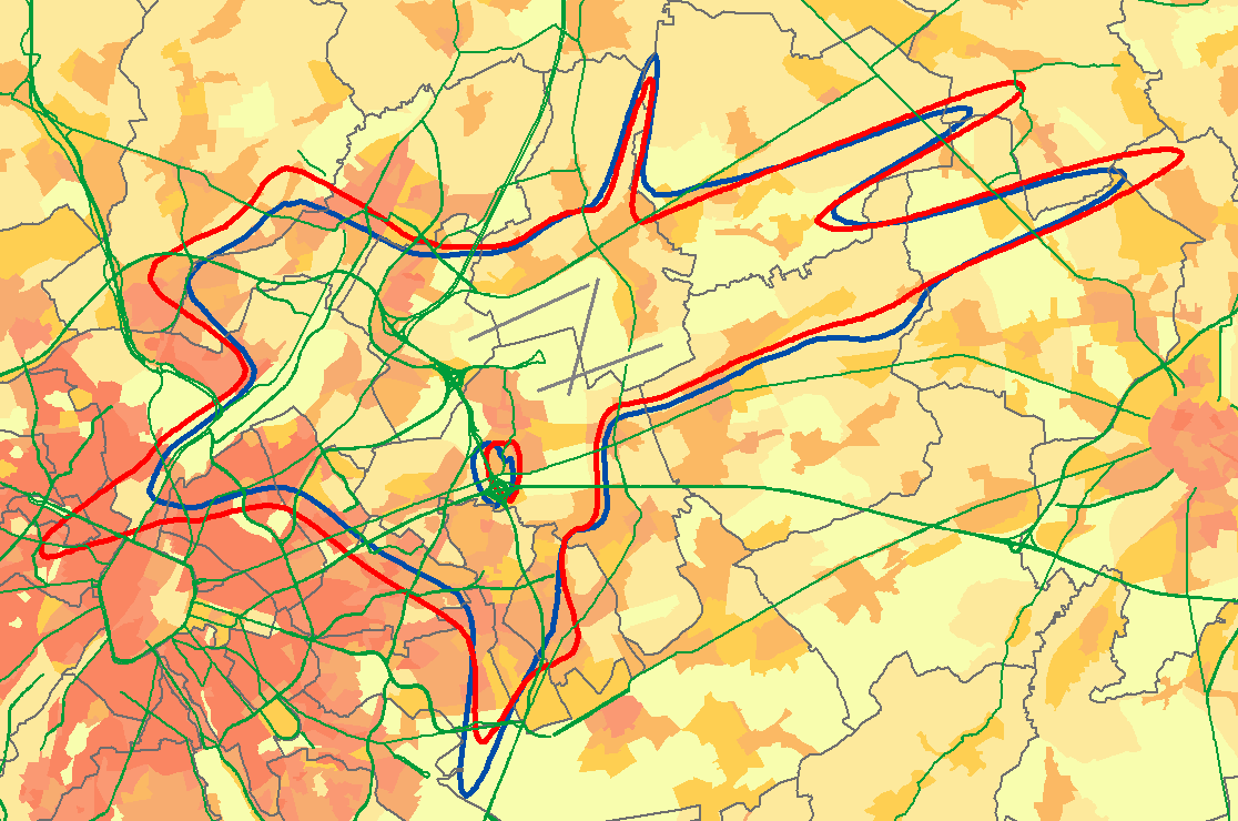 Figuur 7 Levening-geluidscontouren van 50 db(a) rond Brussels Airport voor 2012 (rood) en 2013 (blauw) 4.