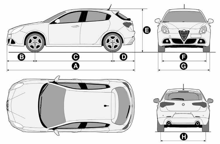 WEGWIJS AFMETINGEN De afmetingen zijn aangegeven in mm en hebben betrekking op een auto die is uitgerust met standaard banden. De hoogte heeft betrekking op een onbelaste auto.