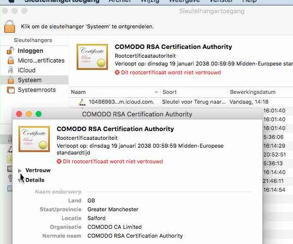 12. Zoek in de lijst naar de zojuist geïmporteerd certificaten ( Comodo RSA Certification Authority en Comodo RSA Domain Validation Secure Server CA ). 13.