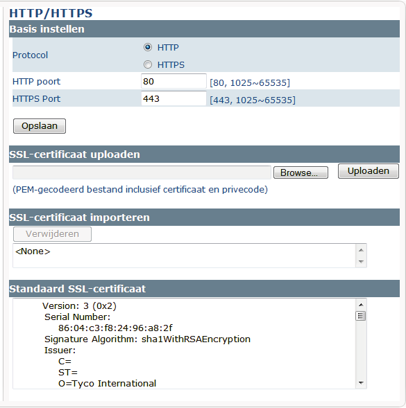 HTTP/HTTPS Protocol: Selecteer een van de volgende modi: HTTP: Schakelt niet geauthenticeerde en niet versleutelde toegang tot de camera webclient via SSL in.