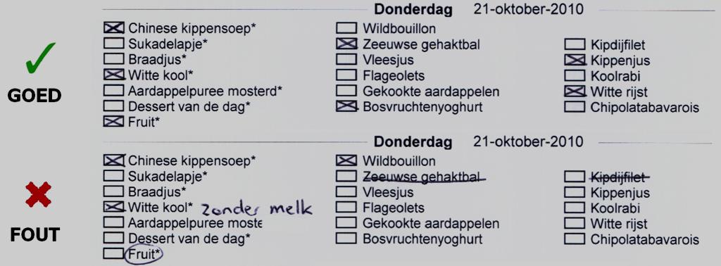 De verwerkte -door u ingevulde- menukaart ontvangt u retour met de nieuwe menukaart op vrijdag. De week er na krijgt u het menu van uw keuze geserveerd. Hoe vult u de menukaart in?