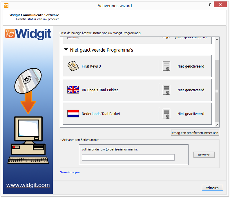 Instructies om te activeren Stap 1: Open de Widgit producten activeringswizard In de activeringswizard kunt u: 1. de status van uw licentie bekijken 2.