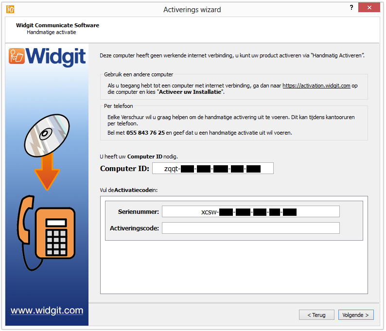 Voor beide opties heeft u het serienummer en het unieke computer ID nodig. Deze vindt u op het scherm. Met deze gegevens kunt u een Activeringscode aanvragen. Deze code kunt u hier invoeren.