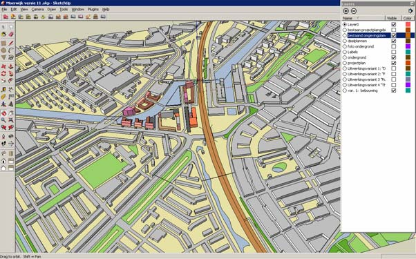 Het projectplangebied met een ingevoerde planvariant Door bouwmassa s met specifieke functies in de deelplannen te slepen, kan een stedenbouwkundig programma van eisen tegelijkertijd worden