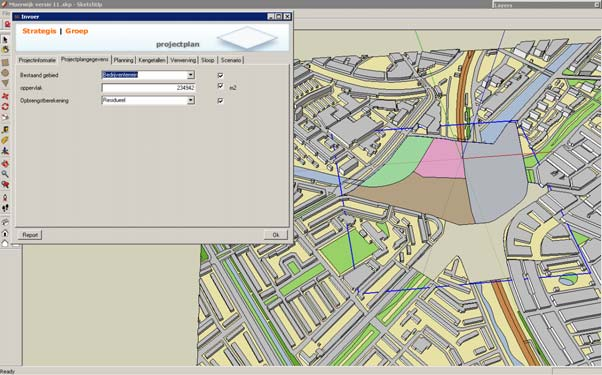 3D beeld van het plangebied (huidige situatie) Naast de luchtfoto en de platte kaart is het ook mogelijk om de gebouwen een hoogte te geven.