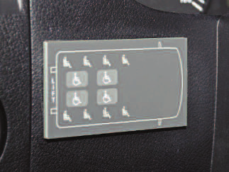 DIt signaleringssysteem is er in drie varianten: 1 een rood lampje rechts van het stuur 2 een donkergrijs paneelje met het vloerplan van de bus 3 een monitor in de hemel boven de achteruitkijkspiegel