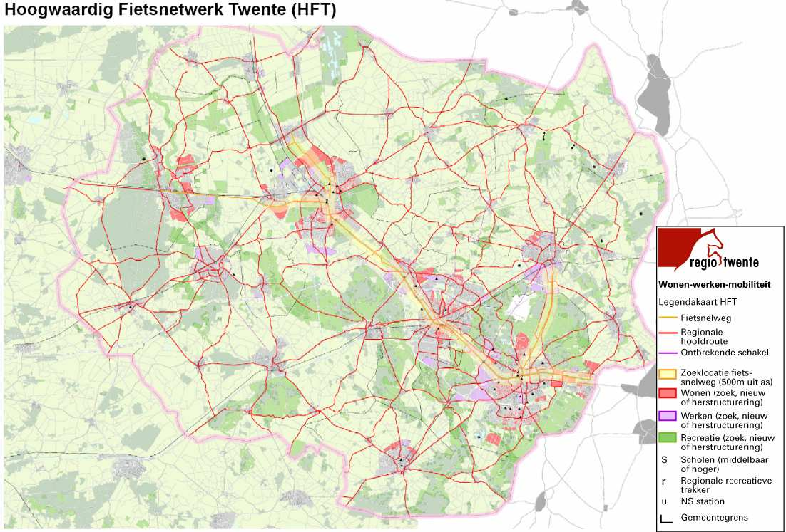 Figuur 19. Fietsnetwerk Twente met geelgekleurd het tracé van de bedachte fietssnelweg en in het rood alle schakels van het Hoogwaardig Fietsnetwerk Twente.