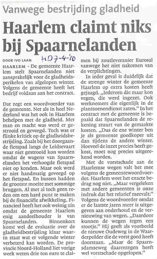 Haarlems Dagblad april 2010 Gladheidsbestrijding afgelopen winter. Lees hierover meer in onderstaand persbericht dat verschenen is het i Haarlems Dagblad van 7 april 2010.