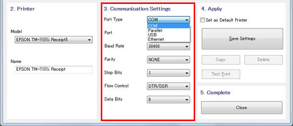 Installatie H Selecteer een poort die u wilt gebruiken (Serial (Serieel)/USB/Ethernet) in Port Type onder 3. Communication Settings (Communicatie-instellingen).