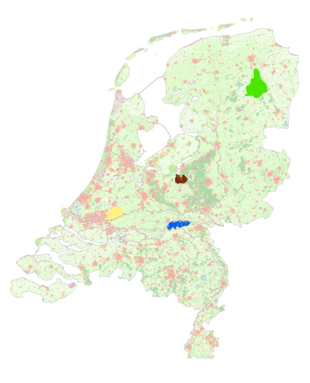 Figuur 1.1 De proefgebieden Drentse Aa (groen), Schuitenbeek (bruin), Krimpenerwaard (geel) en Quarles van Ufford (blauw).