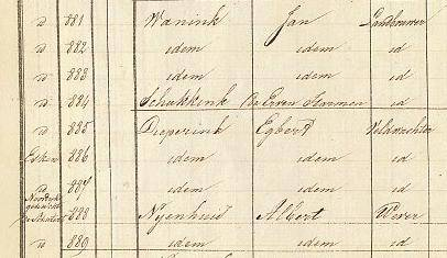 Afdruk van een deel van de inschrijving in het OAT Uit het bevolkingsregister blijkt dat Egbert Dieperink in 1825 en in 1830 woont op het adres E226. In 1840 is dit adres veranderd in E 43.