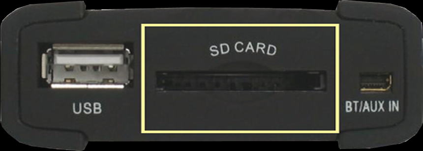 - Random functie - Spoelen SD Card: Input voor het aansluiten van een SD-kaart. Bediening van de SD-kaart gaat via de originele buttons van de radio en stuurwiel.