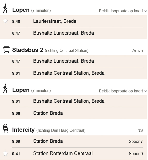 Hoofdstuk 1 Opdracht 4 Je woont in de Laurierstraat in Breda. Je wilt naar Rotterdam toe. Je reist met de bus en de trein. In de tabel zie je je heenreis.