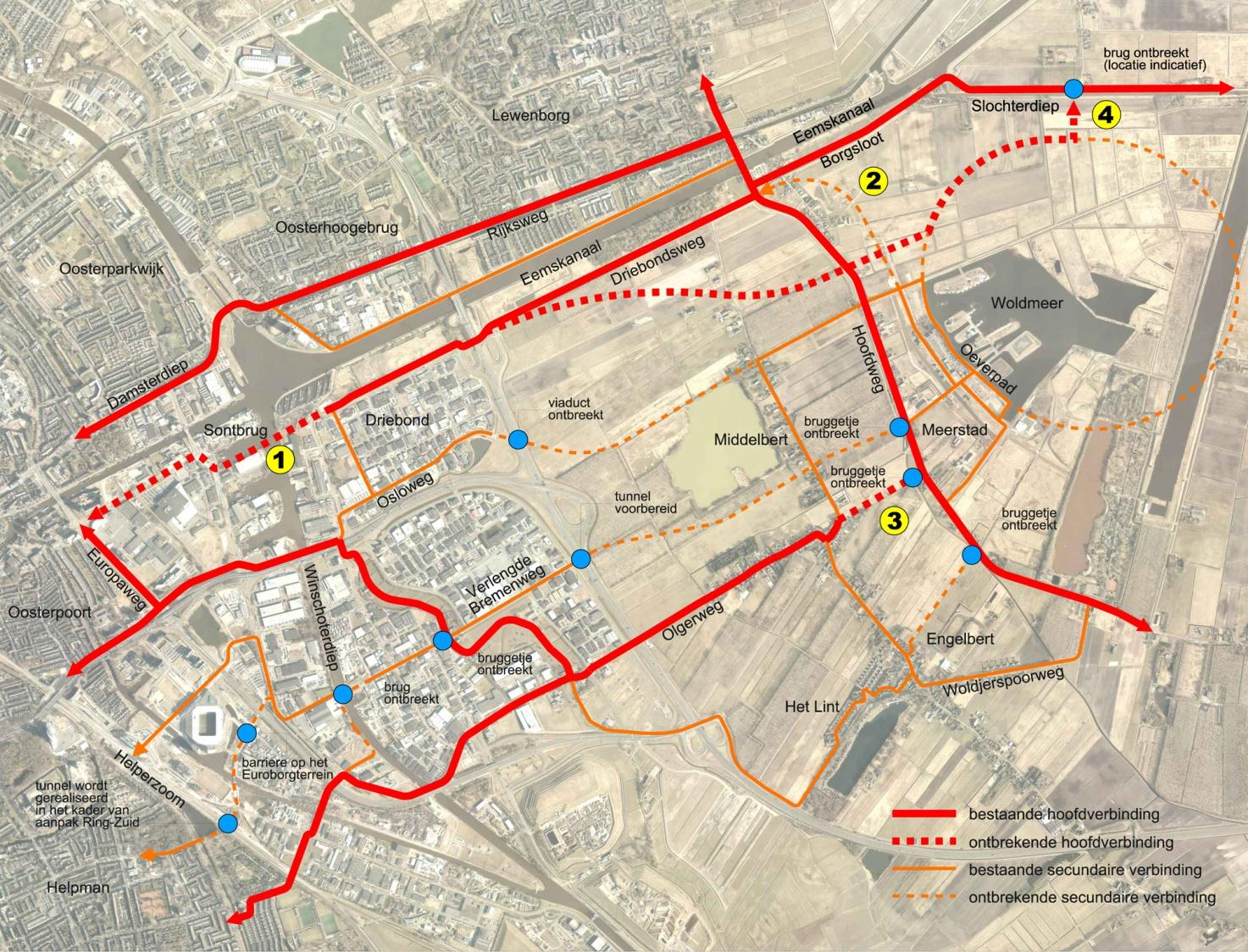 Afbeelding 7 Fietsstructuur in en rond Meerstad (totaaloverzicht met prioritering) Een volgende stap is het nader analyseren van deze routes ten aanzien