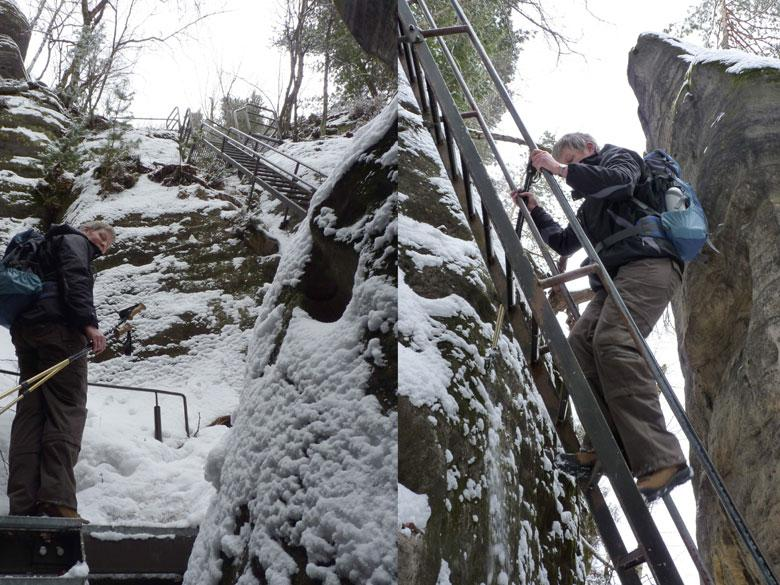 Vanaf daar gaat het met stalen ladders omhoog waarvan de treden wel goed grip geven zodat we snel aan hoogte winnen.