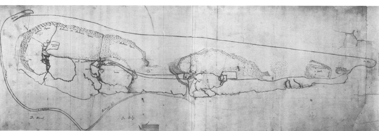 Figuur 3.3: Strandhaken zijn van alle tijd: Eén van de oudste eilandkaarten van Ameland (1665), met aan de noordwestelijke kant een oude voorganger van de tegenwoordige strandhaak (Oost, 1995).