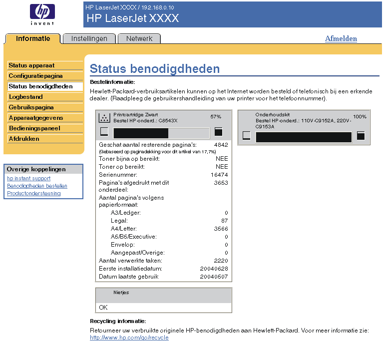 Status benodigdheden Het scherm Status benodigdheden geeft gedetailleerde informatie over de benodigdheden weer en toont onderdeelnummers voor de originele HP benodigdheden.