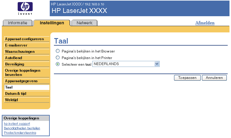 Taal Gebruik het scherm Taal om de taal te selecteren waarin de schermen van de geïntegreerde webserver van HP verschijnen.