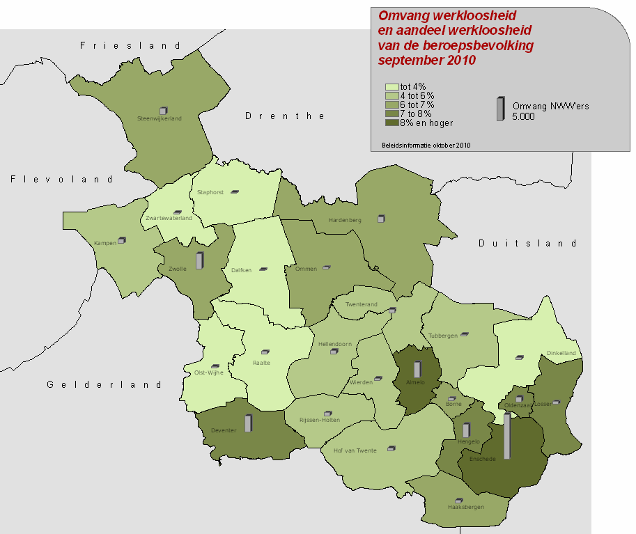 Aandeel niet-werkende werkzoekenden in de beroepsbevolking In september 2010 was in Nederland 6,3% van de beroepsbevolking werkloos. Voor Overijssel was dit percentage 6,8%.