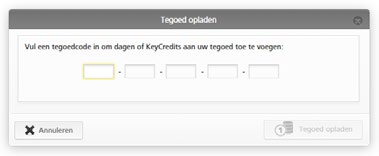 Tegoed opladen Er is een KeyCredit-Card nodig met op de achterzijde een tegoednummer verborgen onder het krasveld. Klk op de functie Tegoed in de menubalk op het beeldscherm.