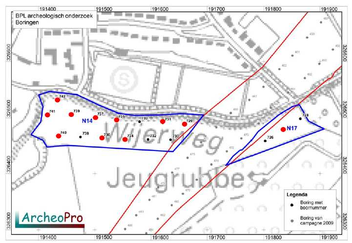 Figuur 3.15 Locaties aanvullend inventariserend veldonderzoek langs Vaesrader Wienweg/Wijerweg (Archeopro, 2011) In figuur 3.