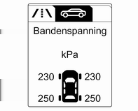 Verzorging van de auto 181 Druk op de knop MENU om Informatie- menu voertuig X te kiezen. Draai aan het stelwiel om het bandenspanningscontrolesysteem te selecteren.