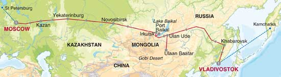 Golden Eagle Trans-Siberian Express (westwaarts) Route - De Trans-Siberië spoorlijn is zonder twijfel s werelds meest beroemde en aansprekende treintraject.