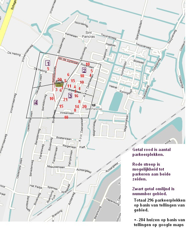 Op de kaart is het onderzoeksgebied waar de parkeerbalans uitgevoerd wordt, omcirkeld en verdeeld in blokken. Er is gekozen voor een invloedsgebied met een straal van 250 meter.