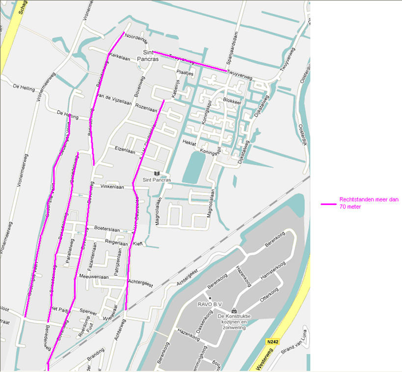 langer dan 70 Meter en brede wegen (9 meter). Deze kaarten geven aan waar het automobilisten aantrekkelijk word gemaakt om te hard te rijden, ook al geld in het hele dorp 30km te hanteren.