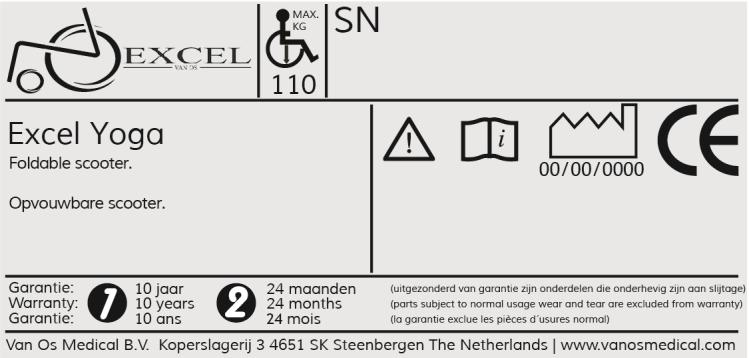 1. Identificatie Uw Excel Yoga scootmobiel is voorzien van een uniek serienummer. U kunt dit nummer terug vinden op het frame van uw scootmobiel.