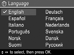 De taal kiezen Kies de gewenste taal met vervolgens op. en druk U kunt de taal ook later wijzigen via het menu Camera instellen (zie "Het menu Camera instellen" op pagina 32).