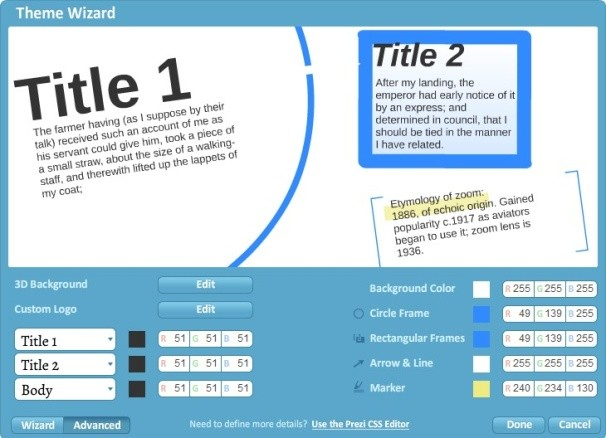 Het thema wijzigen Ben je achteraf niet tevreden over de kleuren van je prezi of wil je toch een achtergrondafbeelding instellen, dan kun je via het menu Customize een van de andere thema s kiezen.