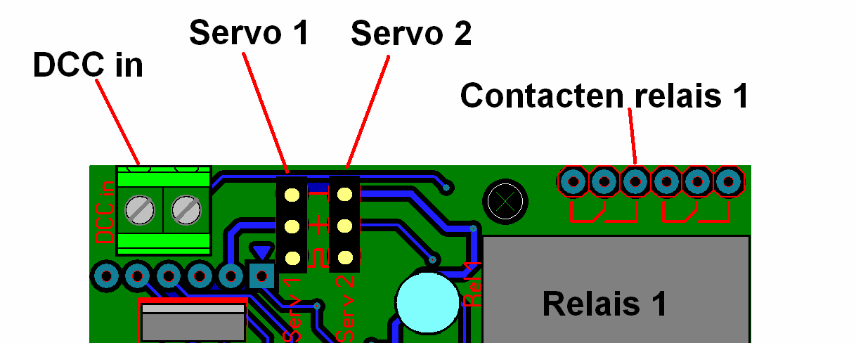 Aansluiten van de decoder. De decoder heeft een aansluitingen voor DCC signaal, voedingsaansluiting, twee servo s, en 2 relais beide uitgerust met 2 contacten (2 x om).