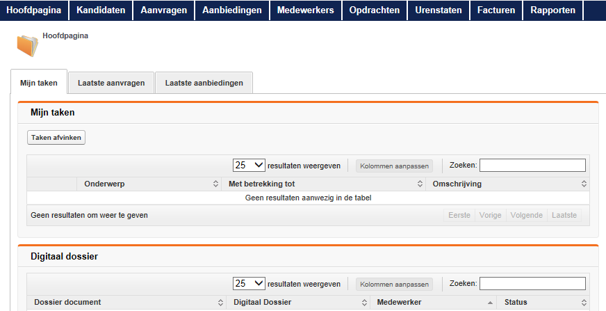 Hoofdpagina Wanneer u inlogt, komt u op de hoofdpagina en kunt u via tabbladen door het systeem navigeren. Hieronder treft u een toelichting per tabblad.