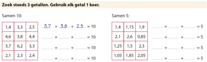 Een opgave met kommagetallen (a) Een opgave met kommagetallen (b) 1,4 + 3,3 + 2,5 =... 1,4 + 1,15 + 1,9 =... 4,6 + 3,8 + 4,4 =... 2,1 + 2,6 + 0,85 =... 3,7 + 6,2 + 3,3 =... 1,25 + 1,5 + 2,3 =.