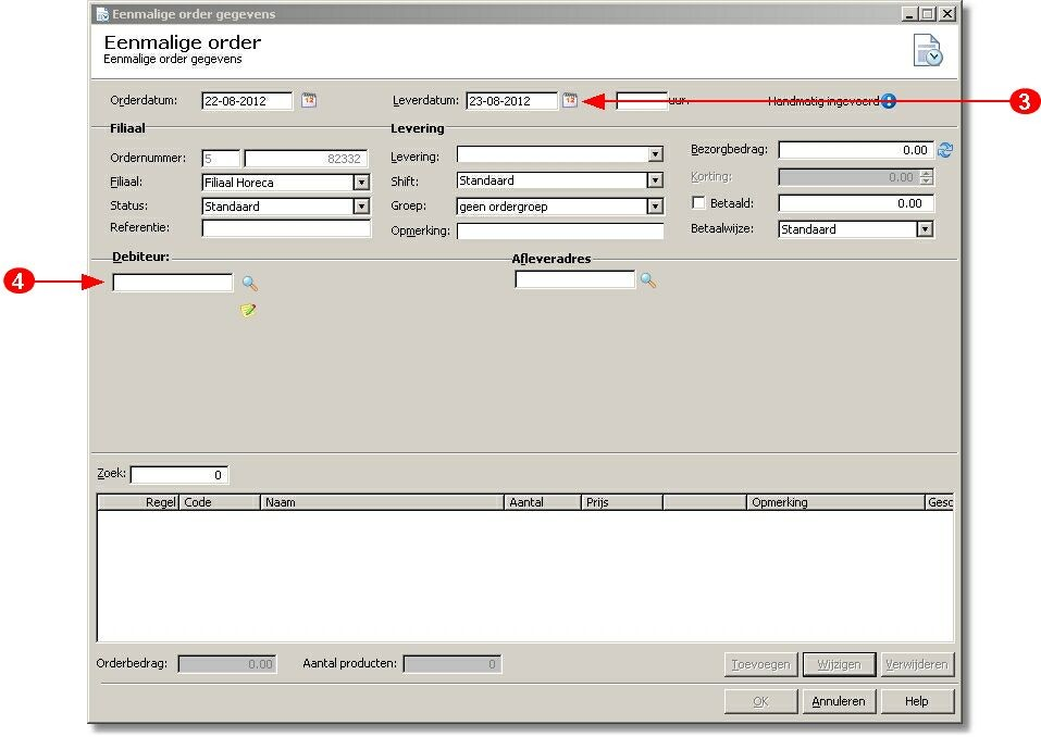 1. Ga naar Orders Eenmalige orders 2. Klik op de opdrachtknop Toevoegen 3. Geef de leverdatum op 4. Leg in het invoervak debiteurnummer de debiteurnummer vast 5.